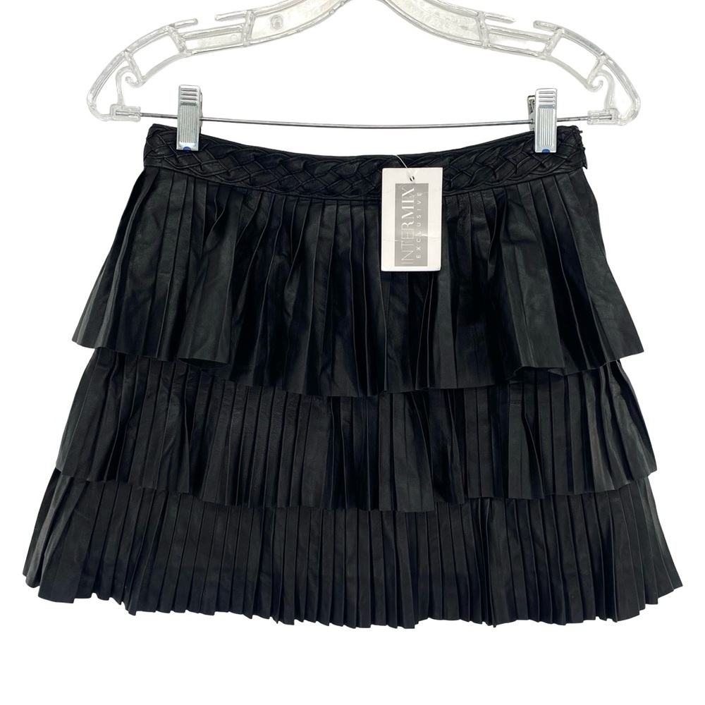 Intermix Farrah Pleated Black Leather Tiered Mini Skirt New Small